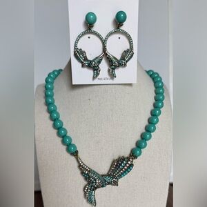 Heidi Daus turquoise pearl necklace with hummingbird in flight with earrings